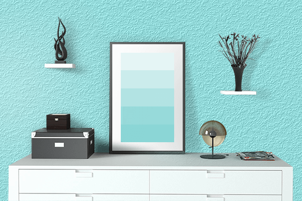 Pretty Photo frame on Ice Blue color drawing room interior textured wall