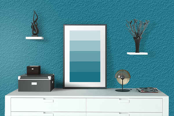 Pretty Photo frame on Duck Blue color drawing room interior textured wall