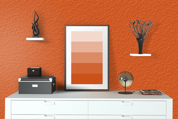 Pretty Photo frame on International Orange color drawing room interior textured wall