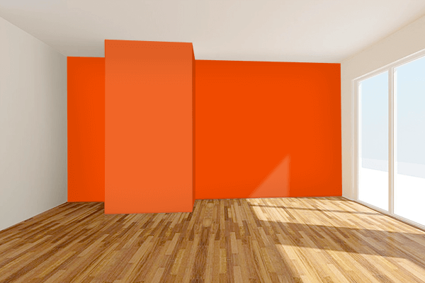 Pretty Photo frame on International Orange color Living room wal color