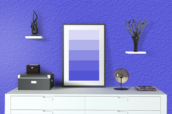Pretty Photo frame on Neon Blue color drawing room interior textured wall
