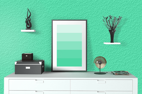 Pretty Photo frame on Bright Mint color drawing room interior textured wall