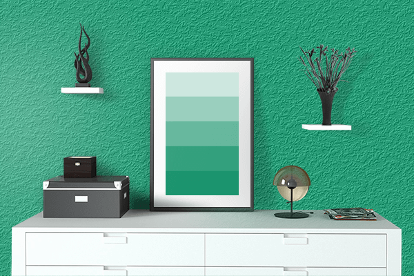 Pretty Photo frame on Veronese Green color drawing room interior textured wall