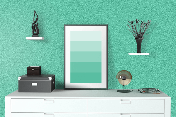 Pretty Photo frame on Surf Green color drawing room interior textured wall