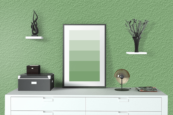 Pretty Photo frame on Sour Green color drawing room interior textured wall