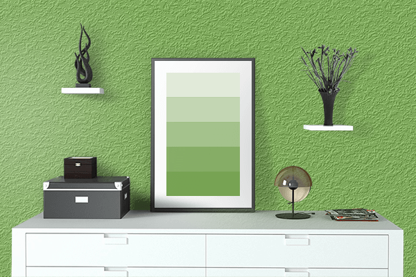 Pretty Photo frame on Ultra Green color drawing room interior textured wall