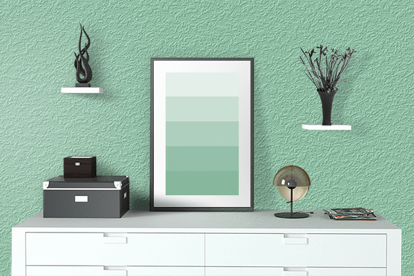 Pretty Photo frame on Silk Green color drawing room interior textured wall