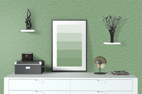 Pretty Photo frame on Aniseed Leaf Green color drawing room interior textured wall