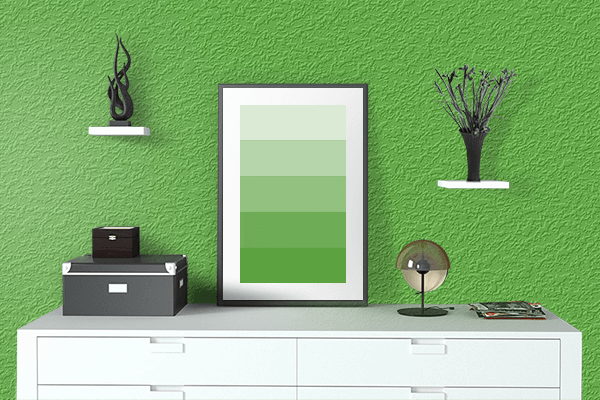Pretty Photo frame on True Parrot Green color drawing room interior textured wall