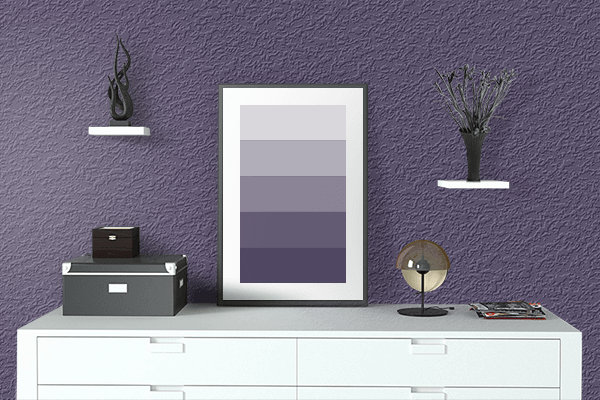 Pretty Photo frame on Mulberry Purple color drawing room interior textured wall