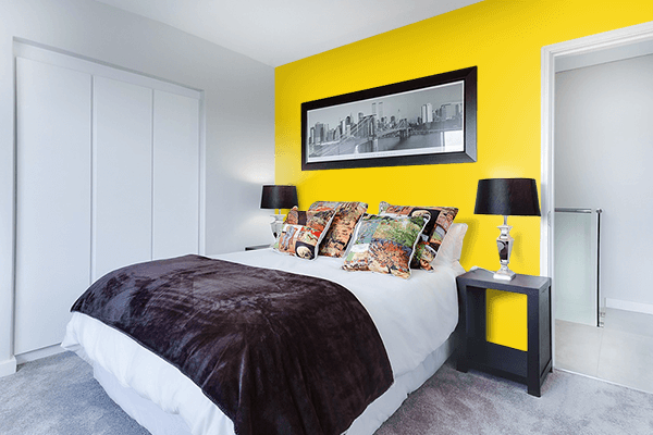 Pretty Photo frame on Strong Yellow color Bedroom interior wall color