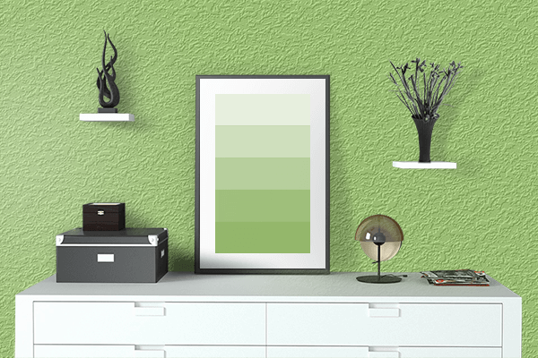 Pretty Photo frame on Sweet Green color drawing room interior textured wall