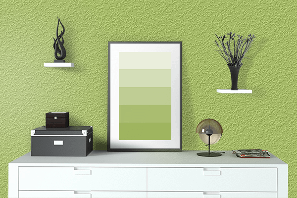 Pretty Photo frame on Chinese Green color drawing room interior textured wall