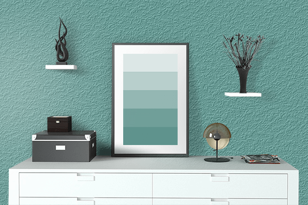Pretty Photo frame on Sea Turtle Green color drawing room interior textured wall