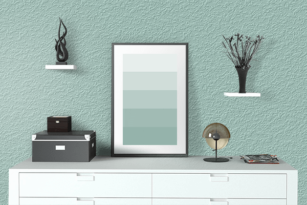 Pretty Photo frame on Whirlpool Green color drawing room interior textured wall