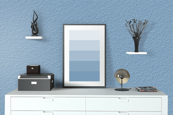 Pretty Photo frame on Pacific Blue color drawing room interior textured wall