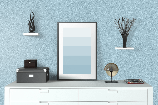 Pretty Photo frame on Blizzard Blue color drawing room interior textured wall