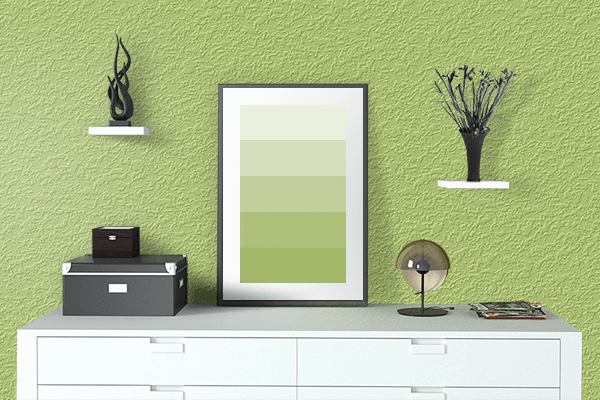 Pretty Photo frame on Light Lime Green color drawing room interior textured wall