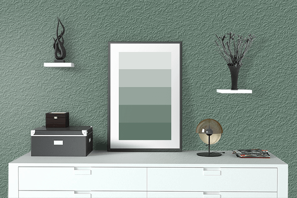 Pretty Photo frame on Stone Cypress Green color drawing room interior textured wall
