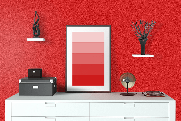Pretty Photo frame on Coke Red color drawing room interior textured wall