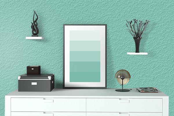 Pretty Photo frame on Tender Turquoise color drawing room interior textured wall