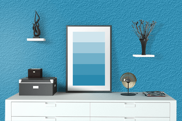 Pretty Photo frame on Deep Aqua Blue color drawing room interior textured wall