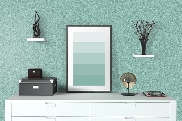 Pretty Photo frame on Opal Turquoise color drawing room interior textured wall