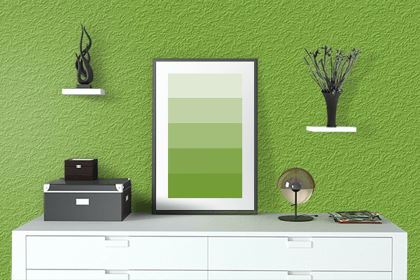 Pretty Photo frame on Lime Green (Traditional) color drawing room interior textured wall
