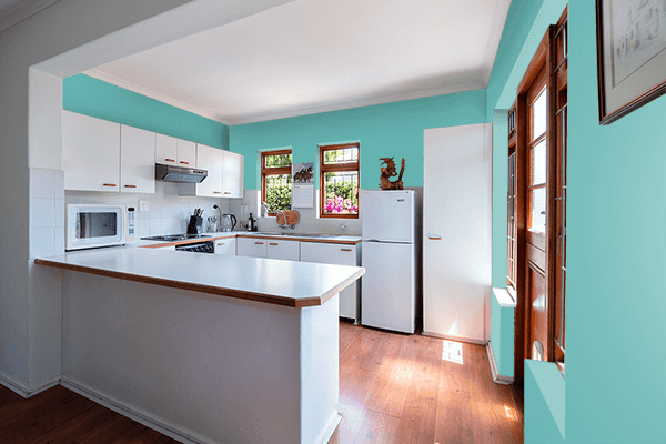 Pretty Photo frame on Clear Teal color kitchen interior wall color