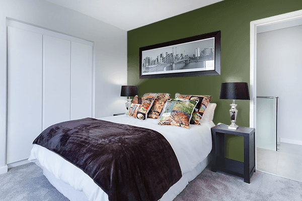 Pretty Photo frame on Avocado Dark Green color Bedroom interior wall color