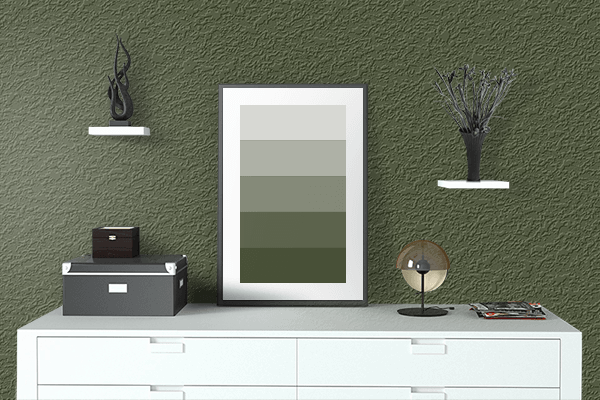 Pretty Photo frame on Avocado Dark Green color drawing room interior textured wall