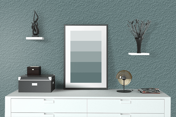 Pretty Photo frame on Teal Grey color drawing room interior textured wall