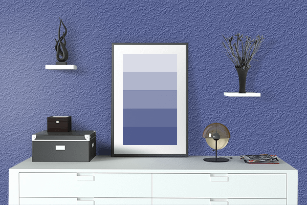 Pretty Photo frame on Iris Blue color drawing room interior textured wall