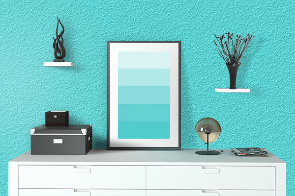 Pretty Photo frame on Fluorescent Blue color drawing room interior textured wall