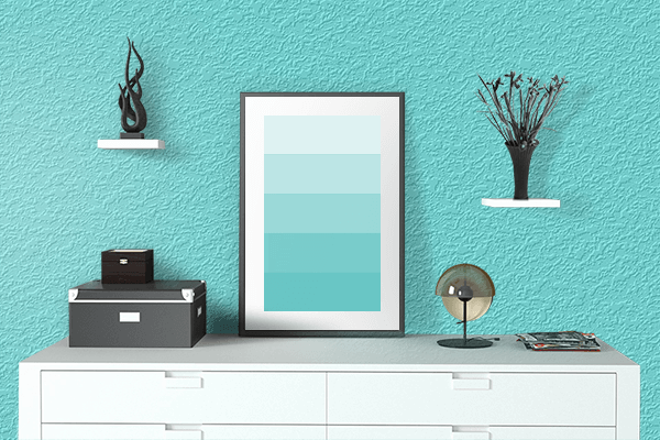 Pretty Photo frame on Medium Aqua color drawing room interior textured wall