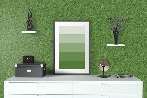 Pretty Photo frame on Emerald Clear Green color drawing room interior textured wall
