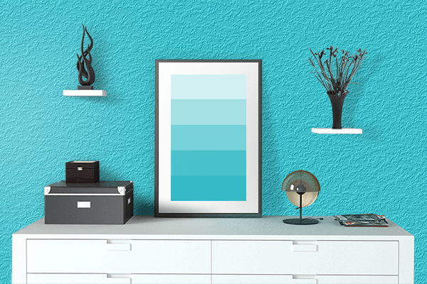 Pretty Photo frame on Average Cyan color drawing room interior textured wall