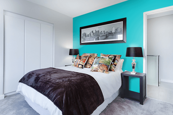 Pretty Photo frame on Bold Cyan color Bedroom interior wall color