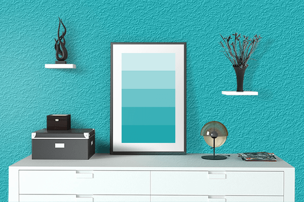 Pretty Photo frame on Bold Cyan color drawing room interior textured wall