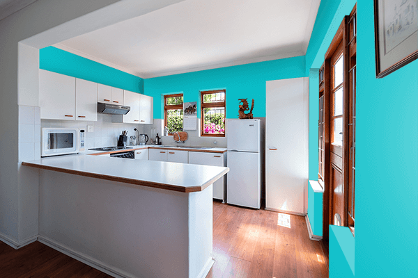 Pretty Photo frame on Bold Cyan color kitchen interior wall color