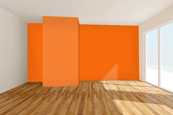 Pretty Photo frame on Bold Orange color Living room wal color