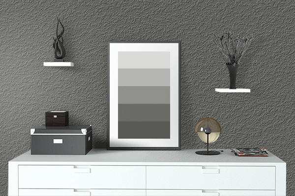 Pretty Photo frame on Tuxedo Gray color drawing room interior textured wall