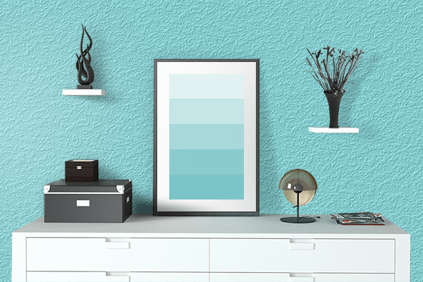 Pretty Photo frame on Aqua Blast color drawing room interior textured wall