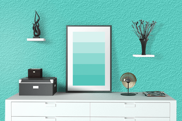 Pretty Photo frame on Aqua Green color drawing room interior textured wall