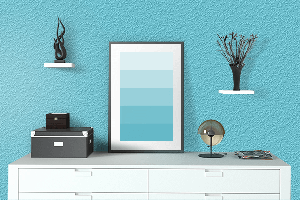 Pretty Photo frame on Aqua Blue color drawing room interior textured wall