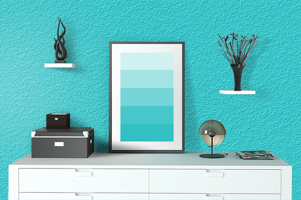 Pretty Photo frame on Full Aqua color drawing room interior textured wall
