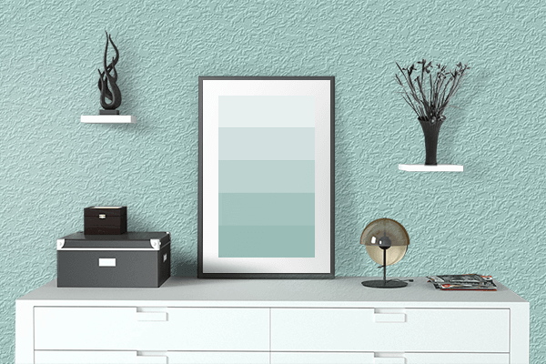 Pretty Photo frame on Pearl Aqua color drawing room interior textured wall