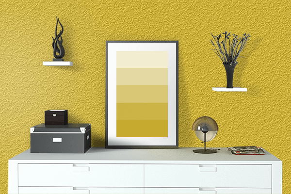 Pretty Photo frame on Bold Yellow color drawing room interior textured wall