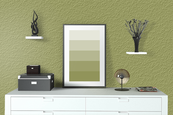 Pretty Photo frame on Bright Olive color drawing room interior textured wall