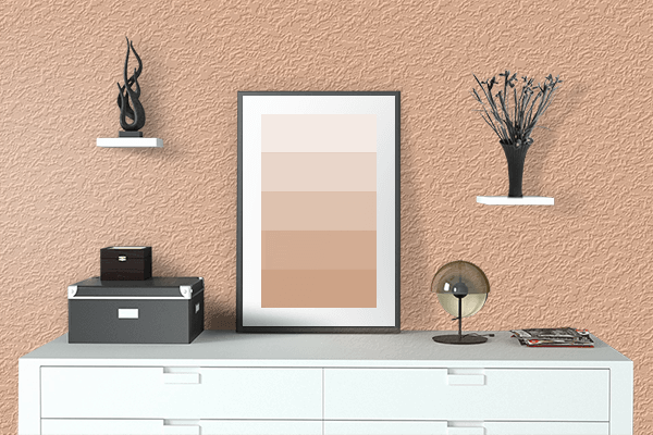 Pretty Photo frame on Mild Orange color drawing room interior textured wall